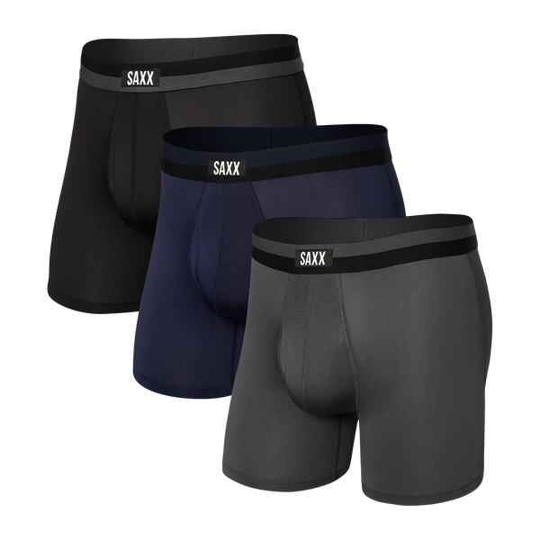 Front of Sport Mesh Boxer Brief Fly 3 Pack in Black/Navy/Graphite